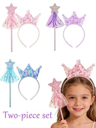 2pcs/Set Kids Princess Crown Headband And Magic Wand Set, Magical Girl Fairy Wand, Children's Birthday Party Costume Headpiece, Pentagram Fairy Wand, Party Decoration Props