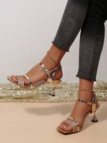 1 Pair Summer Shiny Rose Gold Sequin High Heel Sandals, Teenage Girls Strap Rhinestone Chunky Heel Open Toe Party Date Fashion High Heel Sandals - Champagne - View 5