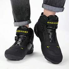 Men's Fashion Travel Hiking Motorcycle Boots, Commuting Riding Shoes, All-Season Motorcycle Short Boots With Buttons - Black and Yellow - View 5