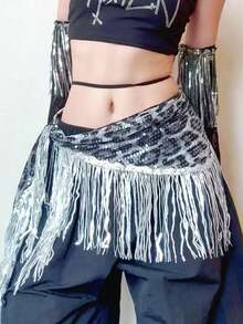 Sexy Leopard Print Sequined Hip Scarf Waist Chain | Jazz Dance Hip-Hop Tassel Hip Curtain Waistband | Adjustable Belt Accessories - Multicolor - View 10