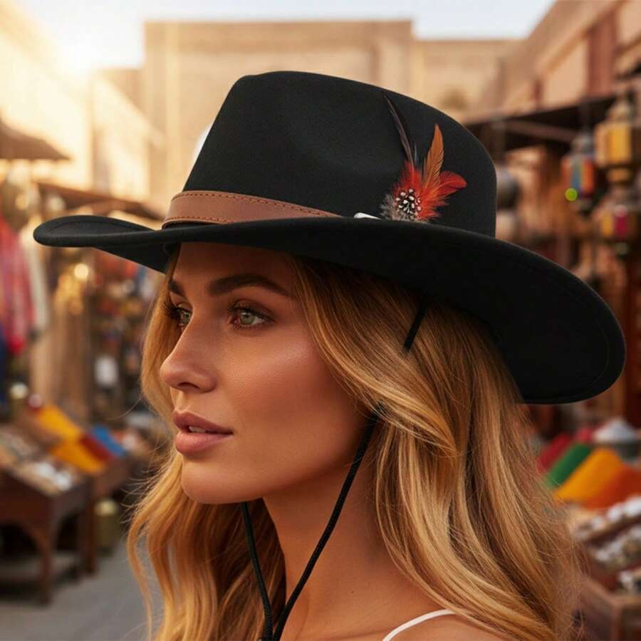 Women Men Western Cowgirl Hats With Feather Fashionable Wide Brim Fedora Caps For Outdoor Travel - 黑色 - 查看 1
