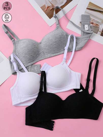 3PCS Teen Girls' Solid Color Ribbed Bra, Comfortable Adjustable Straps, Wire-Free, Suitable For Girls Aged 13-16