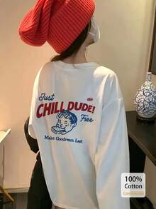 Women's Loose Fit Cartoon Print Long Sleeve Cotton T-Shirt, Suitable For Spring And Autumn