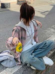 Plaid Random Striped Contrast Color Button Front Pocket Casual Travel Spring Autumn Women Hooded Long Sleeve Shirt Pink - Pink - View 7