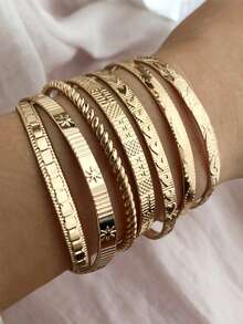 7pcs Vintage Hexagram Embossed Bangle Bracelet Set, Stackable Bracelets For Women - Gold - View 2