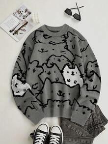 Men's Loose Casual Crew-Neck Sweater With Heart-Shaped Cat Print, Fashionable Dark Academia Style Knitwear, For Fall Winter, Long Sleeve Top - Grey - View 1