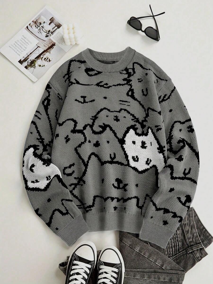 Men's Loose Casual Crew-Neck Sweater With Heart-Shaped Cat Print, Fashionable Dark Academia Style Knitwear, For Fall Winter, Long Sleeve Top - Grey - View 1