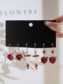3对嘻哈风格耳环套装，包含心形、翅膀、滴血、剑、星星图案，时尚百搭，是情人节派对的理想礼物 - 彩色 - 查看 1