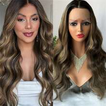 Natürliche vorausgerissene Haaransatzlinie mit Baby-Haar Farbverlauf Braun Blond Synthetische HD Spitzenfront Perücke 13x4 Freier Scheitel Perücke für Frauen Kurze Wellen Bob - Verschiedenfarbig - Übersicht 14