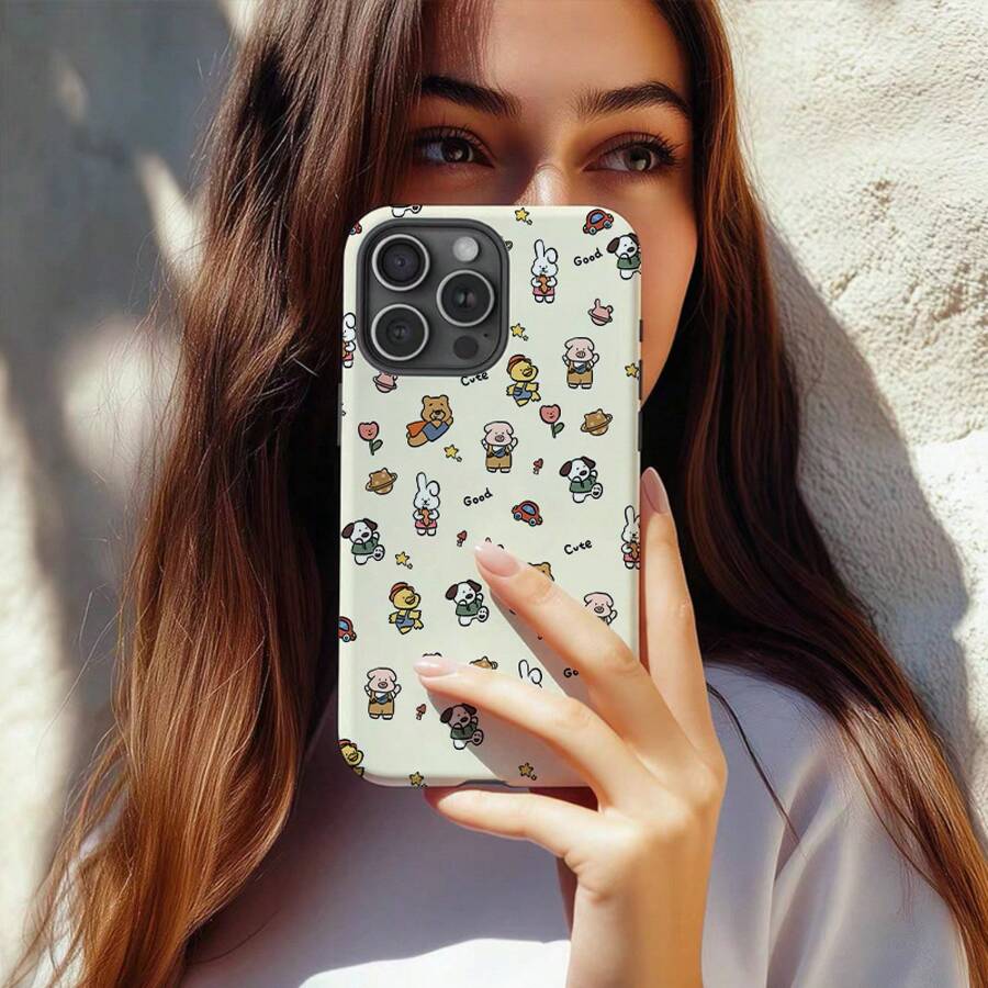 Funda 2 en 1 Mate Esmerilada de Animales de Dibujos Animados SamsungPlayful - Sensación Suave + Bordes Elevados| para iPhone 11/12/13/14/15/16/17/Plus/Pro/Pro Max| Regalo perfecto de protección de pantalla, accesorio diario para teléfono, funda de teléfono de animal de dibujos animados, diseño retro, regalo para propietarios de teléfonos, accesorio casual para usuarios - Blanco - Ver 1