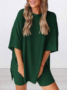 Women's Summer Two-Piece Casual SetCasual Baggy Plus Size Top Cycling Shorts With Airport Travel Wear - Màu xanh lá cây đậm - Xem 4