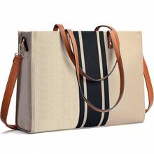 Women's Striped Canvas Tote Bag - Large Capacity Work Shoulder Bag With PU Leather Handle, Professional Commuter Shoulder Handbag - Multicolor - View 2