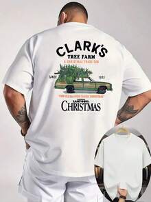 Camiseta Retro de Navidad con Patrón de Granja para Hombre - Camisa Casual Blanca de Manga Corta, Impresa con Clark Tree Farm y Patrón de < Historia de Navidad >   en la Parte Posterior, Tejido Transpirable Adecuado para el Verano y Ropa de Festival, Lavable a Máquina, Ropa Inspirada en Películas Retro, Cuello Redondo, Impresión Frontal y Trasera, Adecuada para Actividades al Aire  Ropa de Festival - Blanco - Ver 1