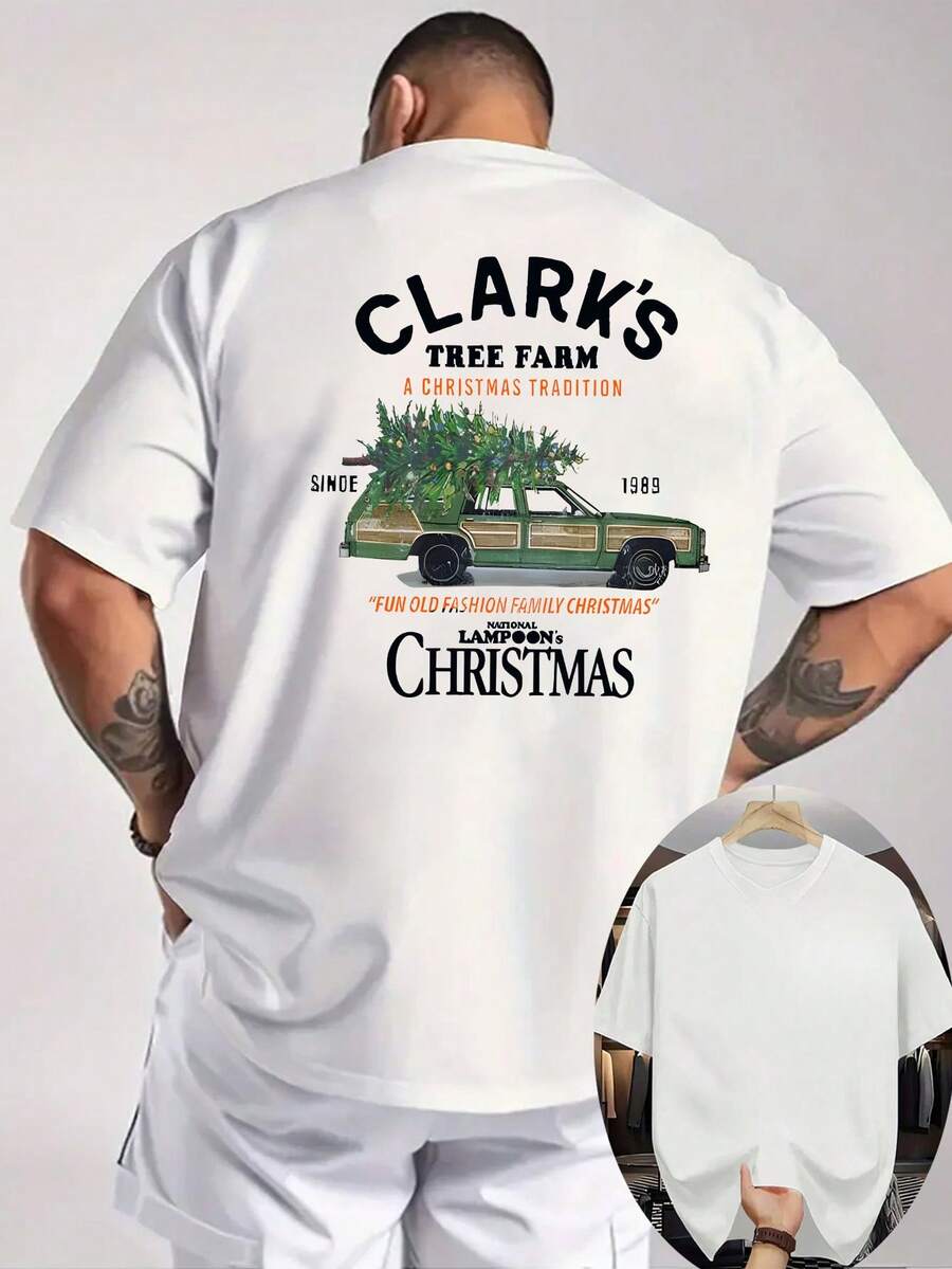 Camiseta Retro de Navidad con Patrón de Granja para Hombre - Camisa Casual Blanca de Manga Corta, Impresa con Clark Tree Farm y Patrón de < Historia de Navidad > en la Parte Posterior, Tejido Transpirable Adecuado para el Verano y Ropa de Festival, Lavable a Máquina, Ropa Inspirada en Películas Retro, Cuello Redondo, Impresión Frontal y Trasera, Adecuada para Actividades al Aire Ropa de Festival - Blanco - Ver 1