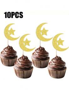 10/20/30pcs Gold Crescent Moon Cupcake Toppers - Eid Mubarak Decorations - Gold Glitter Eid Party Cake Decorations