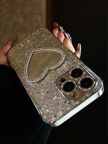 奢华闪亮银色亮片手机壳，带心形镜面，兼容 17 Pro Max/17 Pro/17 Air/17/16 Pro Max/16 Pro/16/16 Plus/15/15 Pro Max/15 Pro/15 Plus/11/12/13/14 Pro Max/11 Pro/11 Pro Max/12 Pro/12 Pro Max/13 Pro/13 Pro Max/14 Pro/14 Pro Max，全包防摔，简约创意心形硬壳，亚克力材质 - 銀色+愛心鏡子 - 查看 4