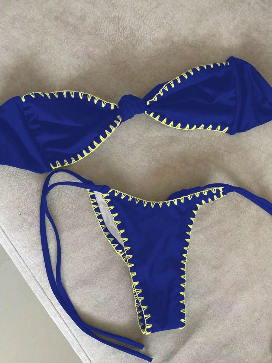 女士夏季新款时尚优雅蓝黄撞色蕾丝边露背吊带性感沙滩度假约会比基尼套装 - 藍黃 - 查看 1