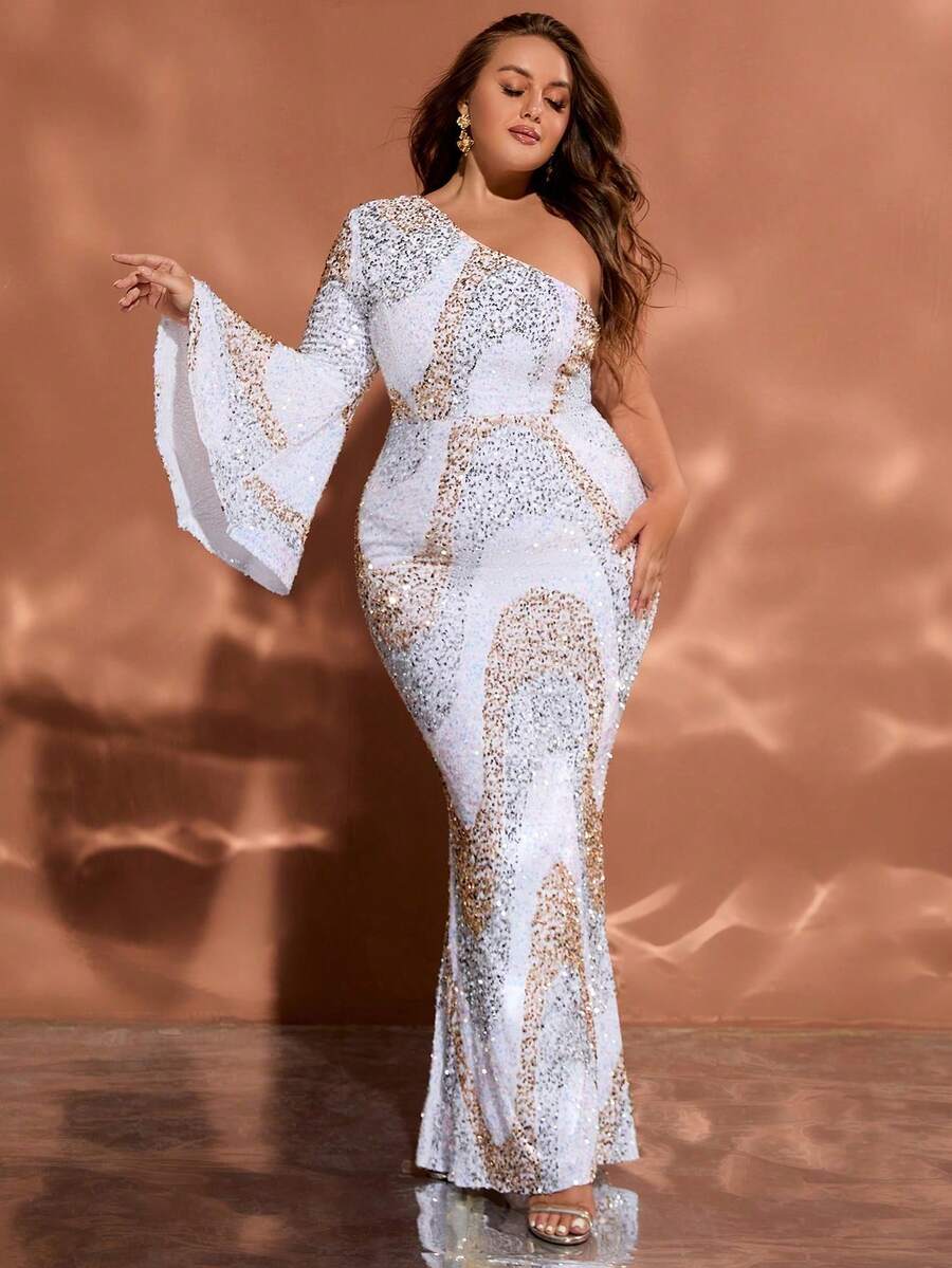 大码亮片装饰单肩长款喇叭袖晚礼服（随机花卉图案，前后图案不匹配） - 白色 - 查看 1