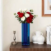 Mirrored Vase - 12 Inch Tall Cross-Shaped Decorative Glass Flower Vases For Home Decor, Living Room Table Kitchen Fireplace Decor - Can't Hold Water - 藍色 - 查看 5