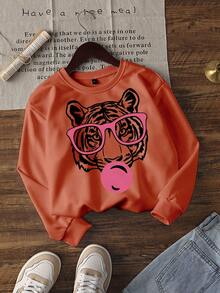 Women's Autumn Tiger Print Crew Neck Sweatshirt, Casual Loose Multifunctional Holiday Style Top, Suitable For Daily Wear, Autumn/Winter Fashion - Orange - View 2