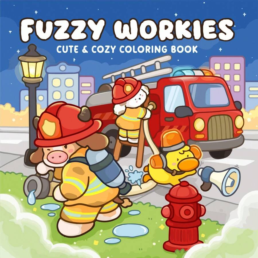 48 Pages 240gsm Plush Doll Cute & Cozy Coloring Book: Adorable Animal Firefighters (Firetruck, Hydrant And Night City Background) - Ideal For Adult Relaxation & Creative Art, Suitable For Stationery, School Supplies, Great Gift For Girls, Valentine's Day, New Year - Fuzzy Workies - View 1