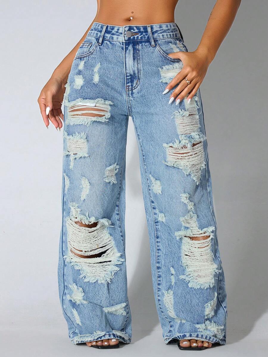 Quần jeans nữ ống rộng cạp thấp màu xanh dương bạc màu, túi xéo, dáng suông, thích hợp cho mùa xuân. - Rửa nhẹ - Xem 1