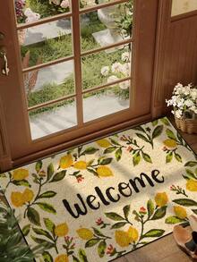 1 pieza Felpudo con patrón de "Bienvenida" de hojas de limón de primavera, estilo rústico de fibra de poliéster lavable para sala de estar, cocina, dormitorio, entrada, decoración del hogar, adecuado para todas las estaciones - Amarillo - Ver 2