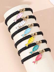 1pc Dopamine Alloy Drip Oil Cute Fish Pendant Adjustable Handmade Braided Bracelet - Fish - View 2