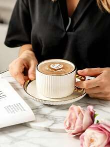 6 Set Of Luxurious Gold-Trimmed Ceramic Tea Set With Coffee Cup And Saucer, Dishwasher . Ideal For Home Kitchen, Table Decoration, Afternoon Tea, Coffee Drinking, Personalized Gifts, Kitchen Accessories, Ramadan, Parties, Birthdays, Weddings, And Dinner Parties.Valentines Gift For Him,Valentines Gift - White - View 3