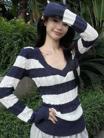 Color Block Striped Cable Knit V-Neck Long Sleeve Base Layer Sweater Top For Women, Slim Fit, Autumn/Winter