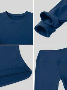 一套女士弹力紧身保暖内衬圆领长袖上衣和裤子运动服套装 - 藏蓝色 - 查看 4