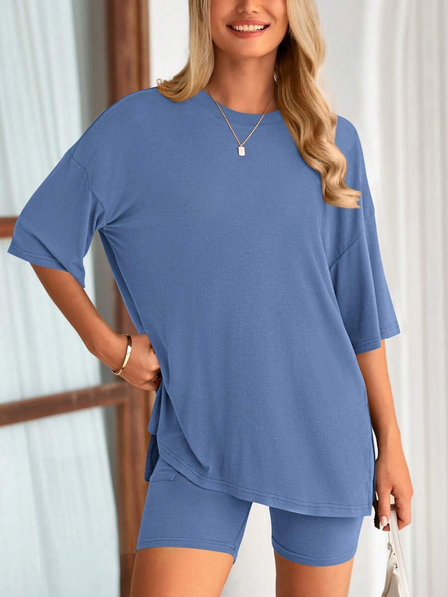 PRETTYGARDEN Women's Summer Clothes 2 Piece Sets Lounge Set Casual Oversized Shirts Biker Shorts Matching Airport Travel Sweatsuit Set Women Vacation Outfit Blue Summer Brunch Outfits For Women - 藍色 - 查看 1