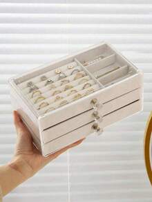 TONVIC 1pc 3-Compartment 5-Layer Velvet Jewelry Storage Box, Necklace Earring Ring Jewelry Organizer, Large Capacity Portable Bathroom Storage Box, Desktop Storage Drawer, Stackable 3-Layer Acrylic Velvet Jewelry Box - Multicolor - View 3