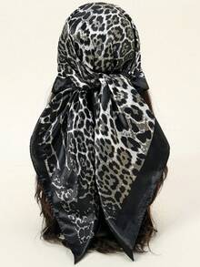 1pc Women's 90cm Satin Square Scarf With Elegant Fashionable Leopard Print Pattern, Suitable For Casual Wear, Street Style Accessory As Scarf, Headband, Headwrap, Versatile Styling - 黑色 - 查看 2
