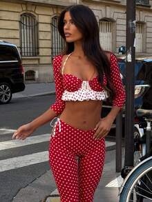 Women 3 Piece Outfits Club Party Halter Red Polka Dot Ruffle Bra Top+Long Sleeve Bolero+Capri Pants Set - Red - View 6