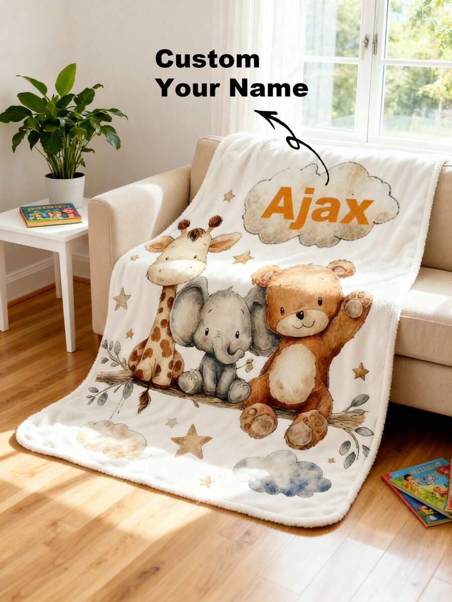 Manta personalizada con nombre y patrón de animales, regalo para niños y niños - Multicolor - Ver 1