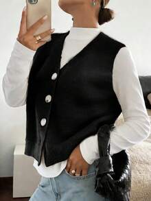 Women's Casual Solid Color V-Neck Long Sleeve Button-Up Knit Vest, Suitable For Spring And Autumn Outfits - Black - View 4