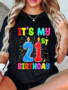 Women's 21st Birthday Shirt - Sparkling Number 21 & Balloon Design Short Sleeve Tee, 21st Birthday Party Outfit, Casual Round Neck T-Shirt For 21 Year, Machine Washable Milestone Gift - màu đen - Xem 5