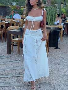 Women 2 Piece Cover Up Set Tie-Up Cami Tops And Patchwork Lace Low Rise Long Skirt For Beach Party - White - View 2