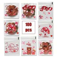 100/200/300pcs Valentine's Day Heart Pattern Gift Packaging Bags, Transparent Self-Adhesive Bags, Mixed Designs, Full Of Love And Romance, Suitable For Valentine's Day, Wedding, Birthday, Anniversary And Other Party Gifts