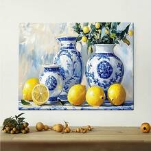 Marco elegante con marco de Arte de pared-florero de porcelana azul y blanco con limón y plantas verdes, Impresión de lienzo de borde de madera clásico, decoración del hogar de estilo decorativo adecuado para sala de estar, oficina, vestíbulo, jarrón de decoración del hogar - Multicolor - Ver 3