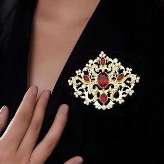 1pc Gold Plated Turkish Traditional Women's Brooch, Crystal Scarf Pin With Hollow Arabic Floral Pattern, Sahara Algerian Wedding Party Accessory, Gift For Her