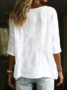 1pc Women's White Round Neck Solid Color Woven Fabric Pleated Hem Blouse, Suitable For Daily, Office, Home Wear In Spring, Summer And Autumn - White - View 3