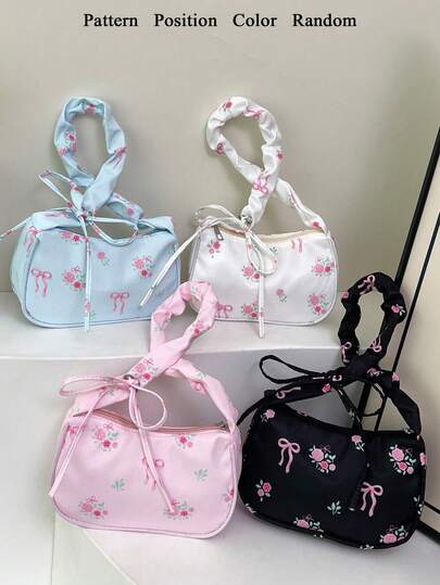 1 pieza Bolso de hombro con estampado floral ditsy lindo para niña, diseño de cordón, bolso casual infantil, monedero, multiusos ligero y portátil, cierre con cremallera, adecuado para almacenamiento diario, viajes, compras, actividades al aire libre infantiles, supermercado, regalos festivos, regalo para hija, bolso casual de nailon fresco y dulce, portallaves, adecuado para niños, estudiantes, niñas, adolescentes, accesorios de viaje para mejores amigas