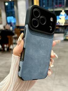 Luxury Matte Faux Leather Full Camera Lens Protection Phone Case, Compatible With 17/16/15/14/13/12/11 Pro Max Plus/17 Air, Lens Protection, Shock-Absorbing Soft Back Cover - Blue - View 4