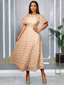 AOMEI 优雅女士香槟色蕾丝泡泡袖镂空腰部喇叭裙摆中长连衣裙 - 完美适用于婚礼宾客、新娘送礼会、鸡尾酒会和正式场合 | 时尚晚礼服，新年服装系列 - 藕粉色 - 查看 2