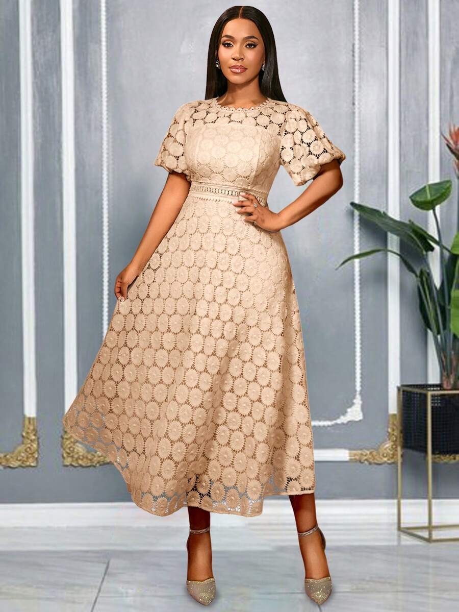 AOMEI 优雅女士香槟色蕾丝泡泡袖镂空腰部喇叭裙摆中长连衣裙 - 完美适用于婚礼宾客、新娘送礼会、鸡尾酒会和正式场合 | 时尚晚礼服，新年服装系列