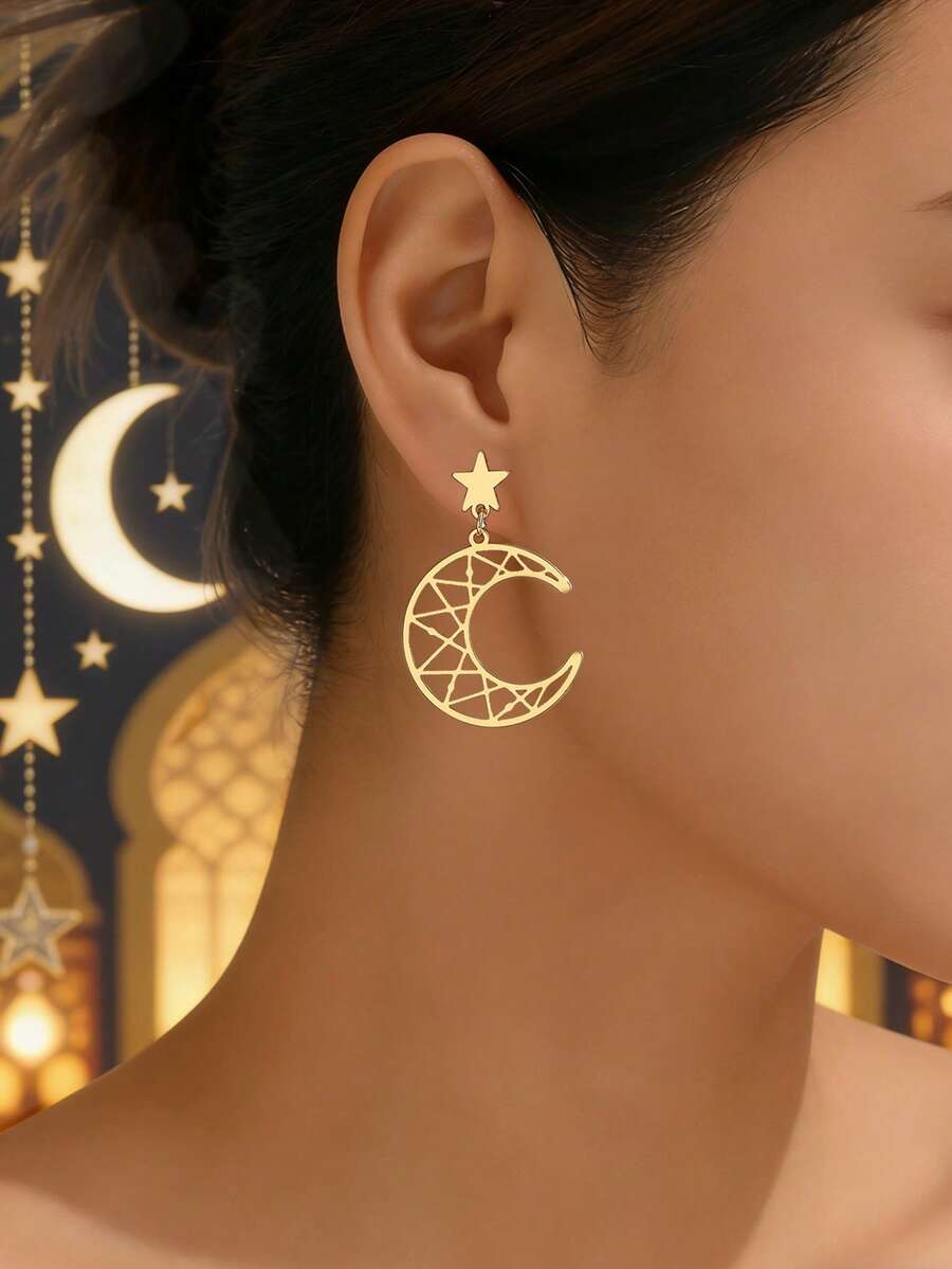 1对经典简约镂空星月吊坠耳环，休闲风格女士派对/开斋节优雅百搭耳环 - 耳環 - 查看 1