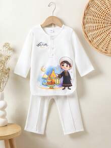 Ramadan Limited Edition Spring New White Long Sleeve 2 Pieces Set For Baby Boys, Cartoon Boy Print Baby Boy Traditional Festival Outfit - White - View 1