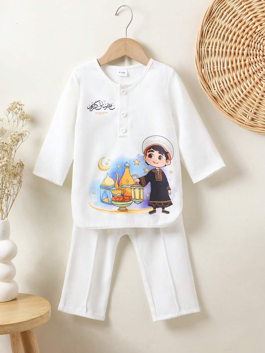Ramadan Limited Edition Spring New White Long Sleeve 2 Pieces Set For Baby Boys, Cartoon Boy Print Baby Boy Traditional Festival Outfit - White - View 1